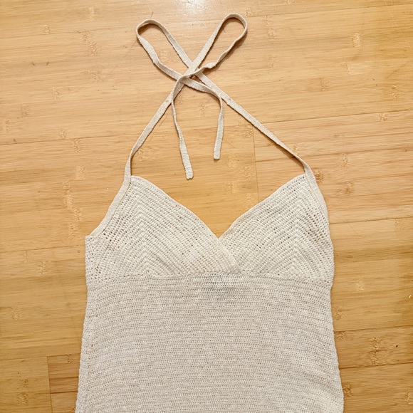 Theory Bergdorf Goodman Cream Open Knit Linen Cotton blend halter mini Dress - Picture 4 of 10